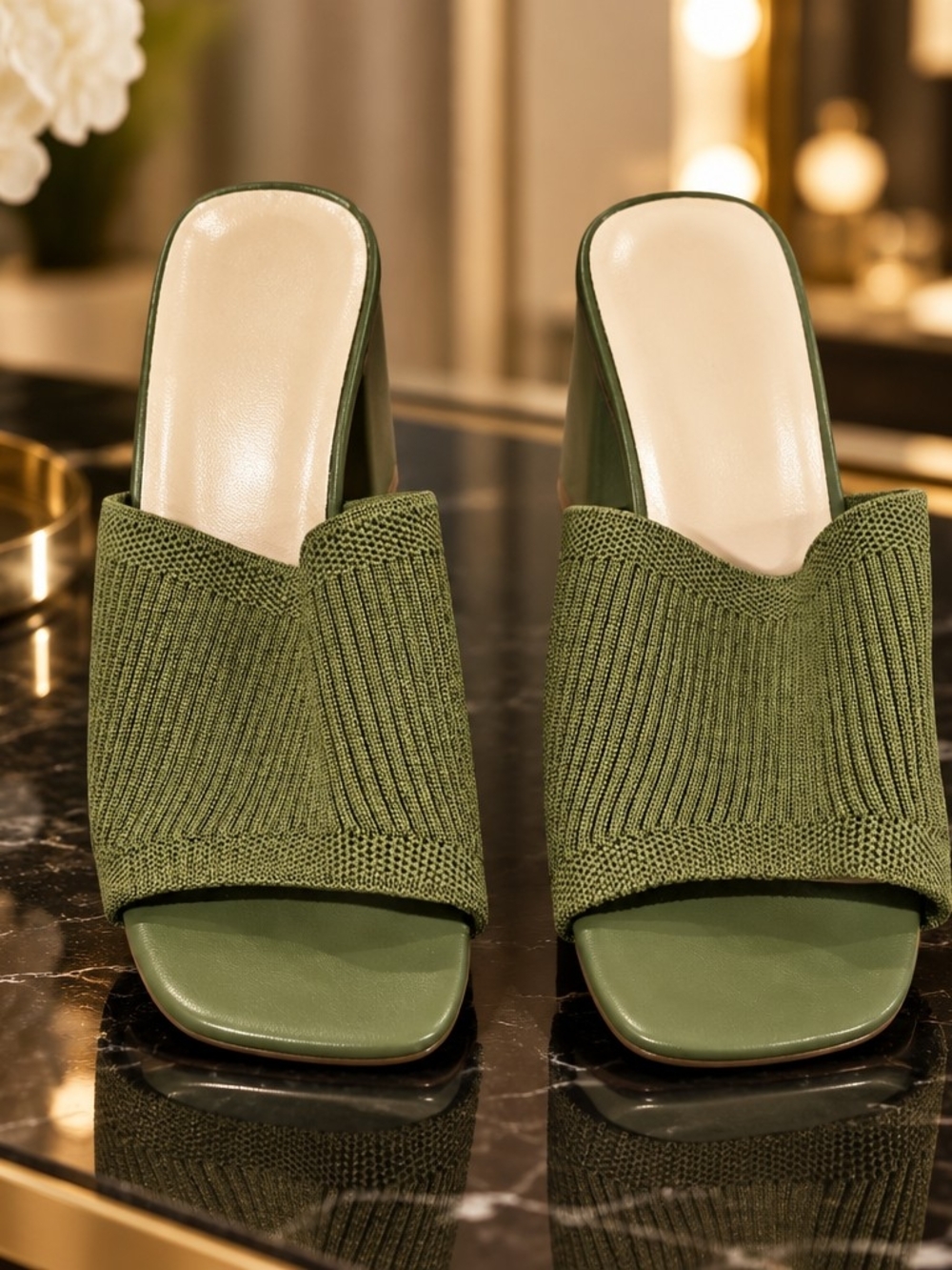 Olive Green Knit Slide Mules